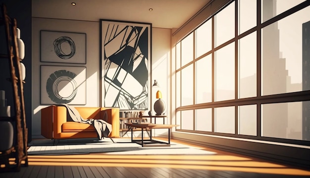 Modern apartment with big windows and abstract art frame on the wall Generative Ai