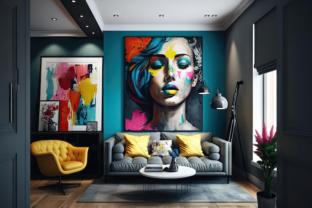 A modern apartment with bold and bright walls perfect for showcasing your art collection