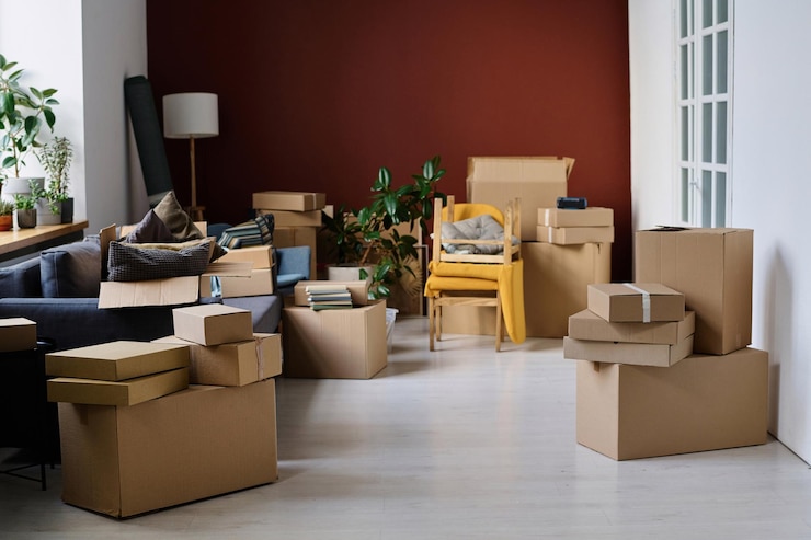 Photo modern apartment with cardboard boxes