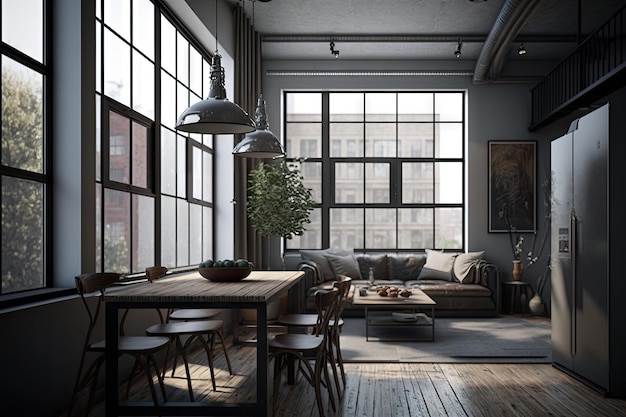 Modern apartment with sleek aluminium windows and industrial interior created with generative ai