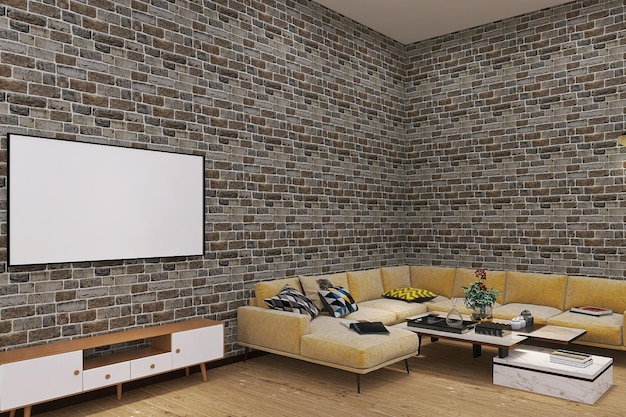 Foto modern appartement interieurontwerp met sofa media-eenheid en blanco fotolijstmodel