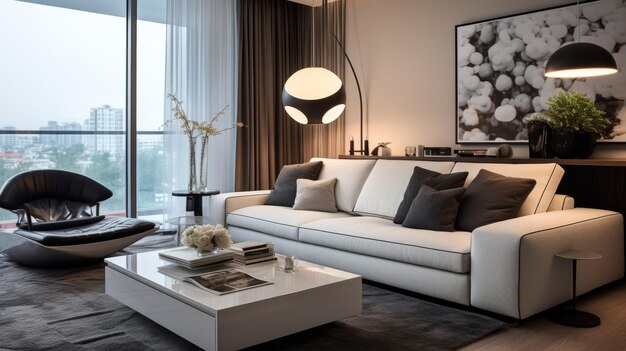 Modern appartement met elegant ontwerp comfortabele bank en stijlvolle inrichting