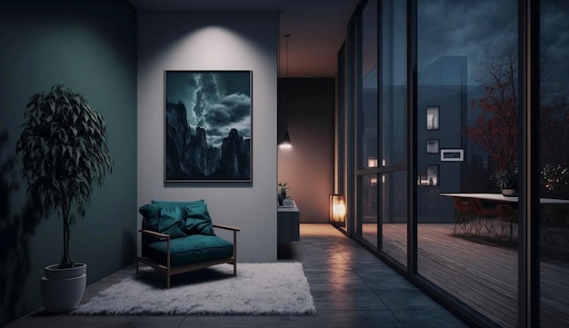 Modern appartement met grote ramen en abstract kunstframe interieur Generative Ai