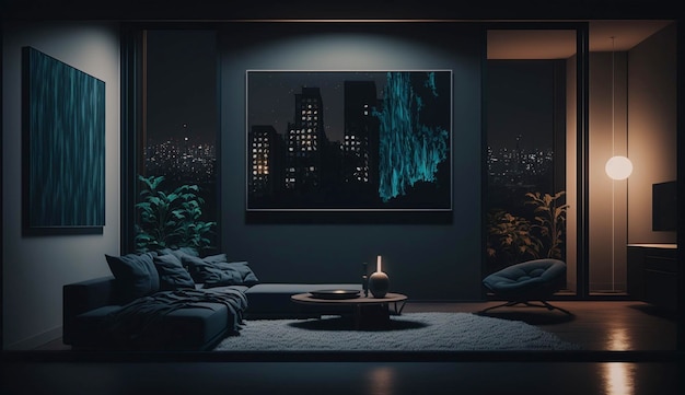 Modern appartement met grote ramen en abstract kunstframe interieur Generative Ai