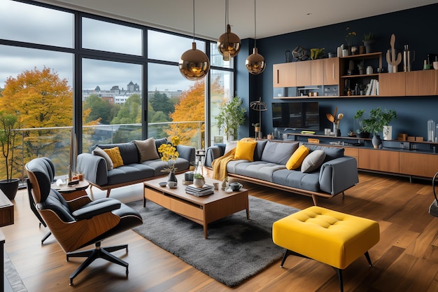 Modern appartementinterieur in woon- of slaapkamerontwerp met werktafel Luxe Scandinavisch huis