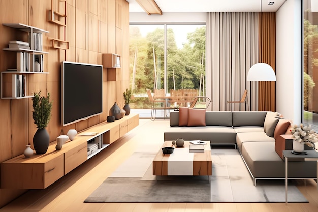 Modern appartementinterieur in woon- of slaapkamerontwerp met werktafel Luxe Scandinavisch huis
