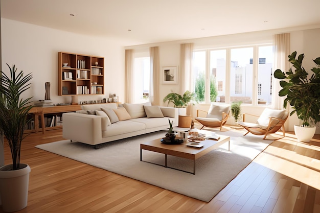 Modern appartementinterieur in woondesign met werktafel en boekenplank Luxe huis Scandinavisch