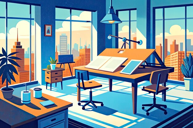 Modern Architect Office Interior with a White Drafting Table and Blueprints