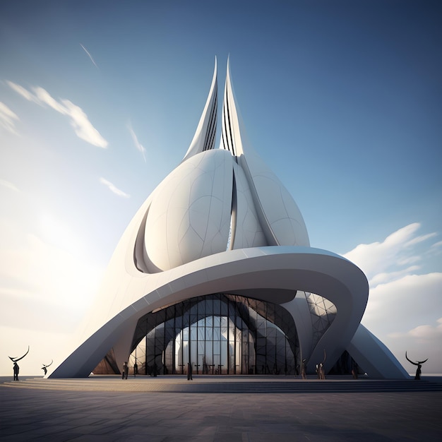 Modern architectonisch wonder 3D render van een gebouw tegen een blauwe hemel met wolken