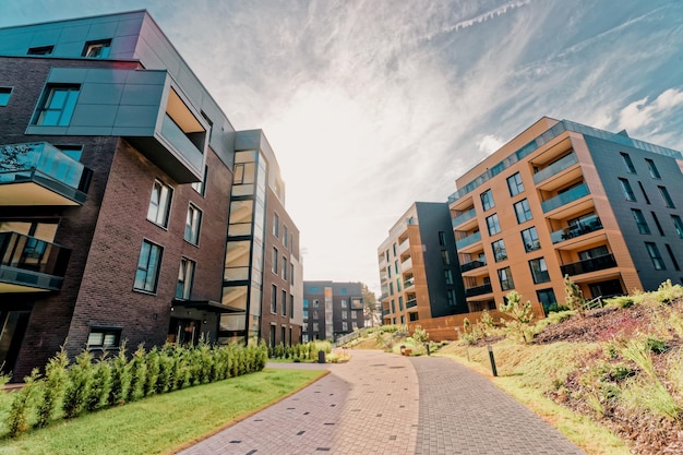 Modern architectural complex of apartment residential buildings quarter. And outdoor facilities.