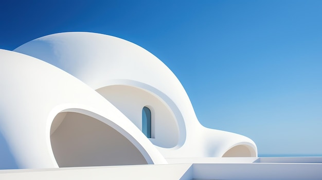 Modern architectural design of an abstract white structure under a blue sky and bright sun