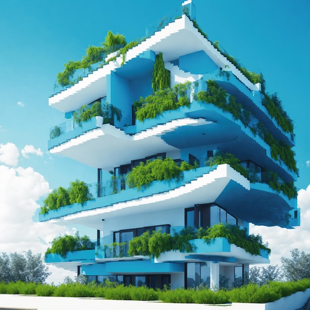 modern architectural duplex building for home with balcony garden with blue sky background