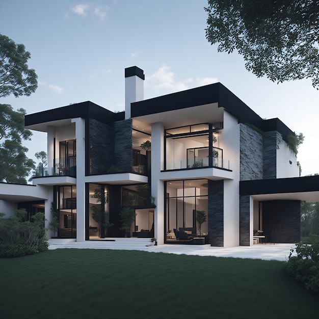 Современный архитектурный шедевр с поразительным контрастом черного и белого и изобилием