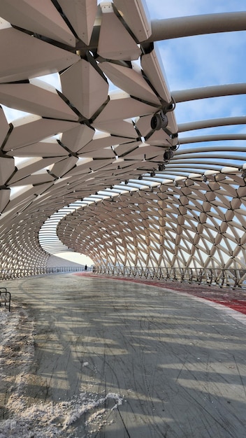 Modern architectural urbanistic Atyrau fish bridge across Ishim river Pedestrian bridge with graceful fish scales interior NurSultan Astana Kazakhstan