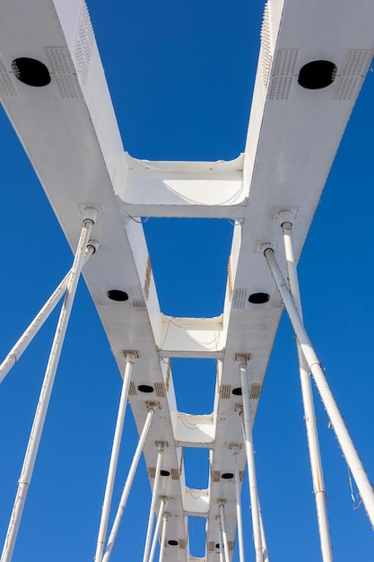 写真 空を背景にイシム川内部の未来的な橋を渡る現代建築の都市主義的な橋
