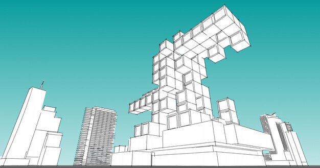 美しい大都市の近代建築。フリーハンドの線画イラスト、3 Dイラスト。