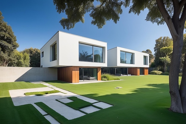 Modern architecture boxes house with lawn grass and blue sky