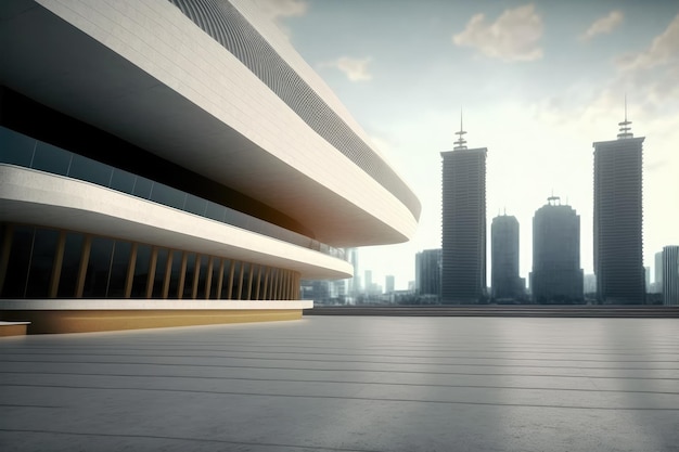 Modern architecture building with empty concrete floor and city background