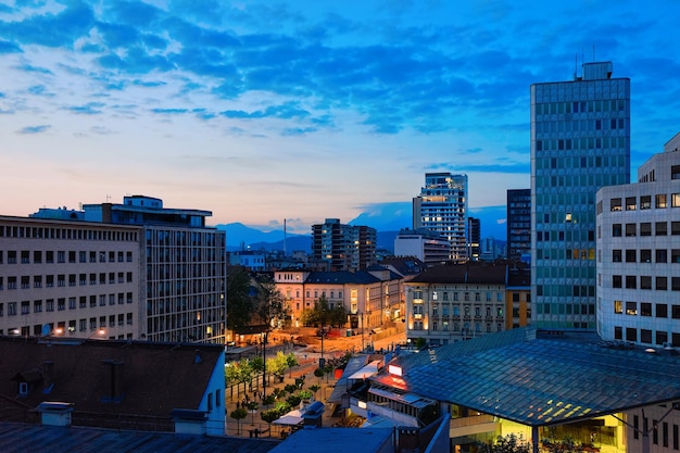 Modern architecture of buildings in Ljubljana, Slovenia at night