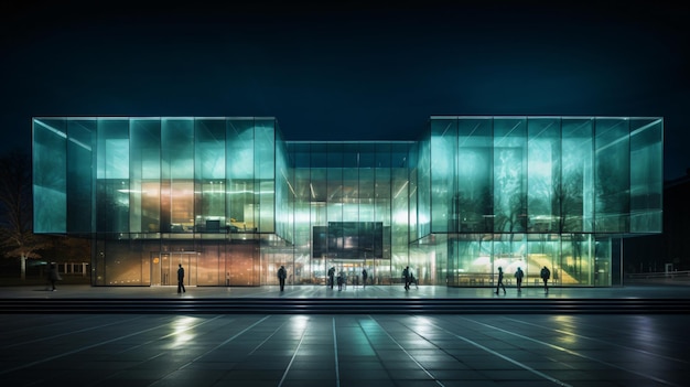 夜に照らされる近代建築のガラス製ファサード
