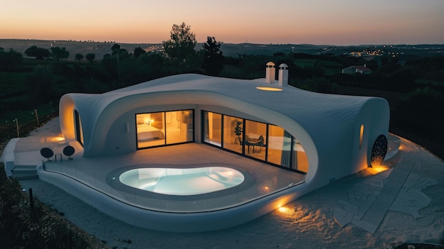 유기적 인 모양 과 통합 된 수영장 을 가진 현대적 인 건축 집