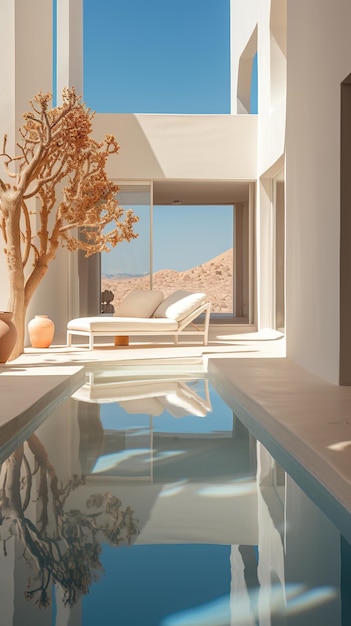 プールと砂漠の山の景色を望む近代建築の家