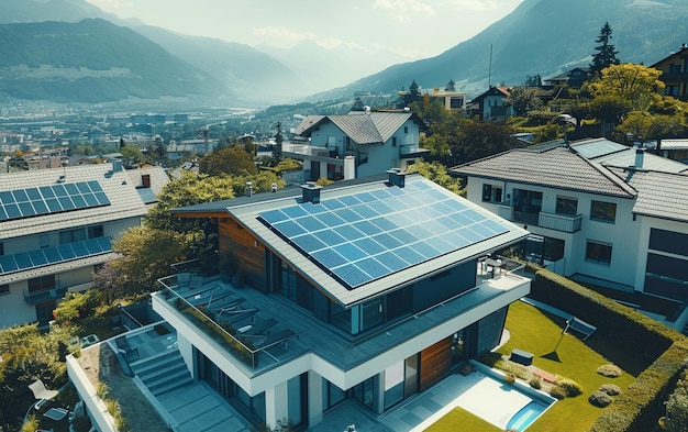 Modern architecture house with solar panels to generate clean energy