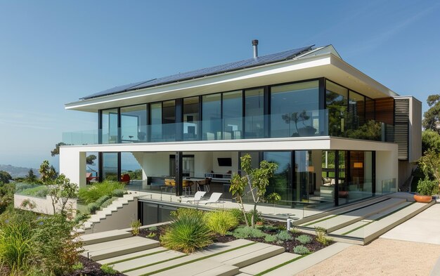 Modern architecture house with solar panels to generate clean energy