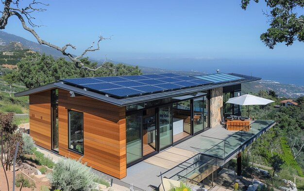 Modern architecture house with solar panels to generate clean energy