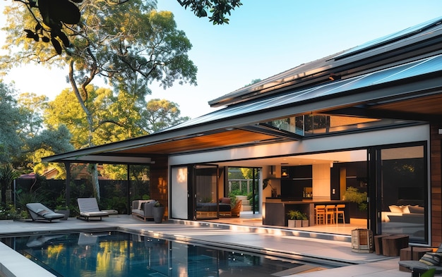 Современный архитектурный дом с солнечными панелями для производства чистой энергии