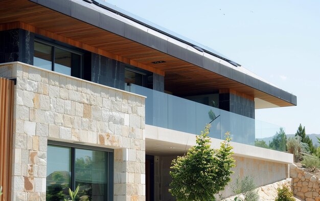 사진 청정 에너지 를 생산 하기 위해 태양 전지 패널 을 탑재 한 현대적 인 건축물
