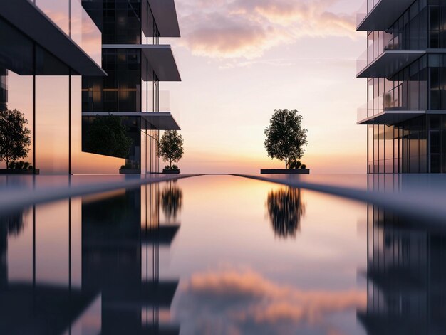 Foto riflessioni sull'architettura moderna al tramonto