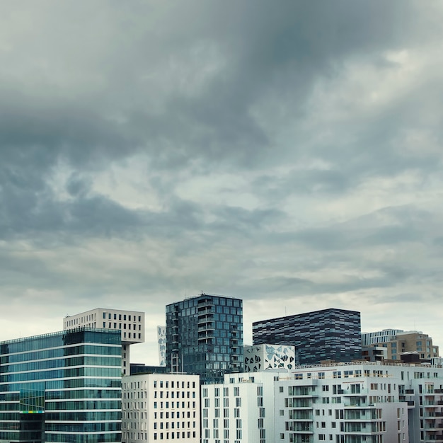 Modern architecture of tall skyscraper buildings in Oslo city center in Norway