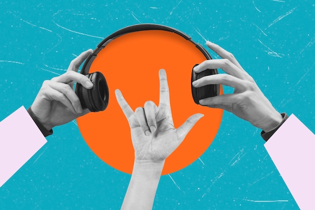 Modern art collage featuring hand with headphones and hand showing goat sign on blue background