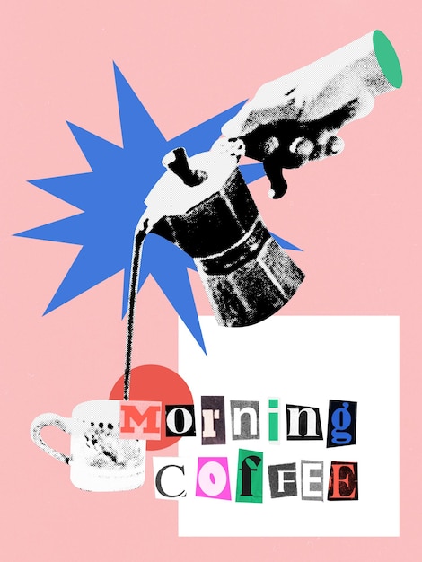 Modern art collage a hand holding a geyser coffee machine pouring delicious coffee Morning vibes