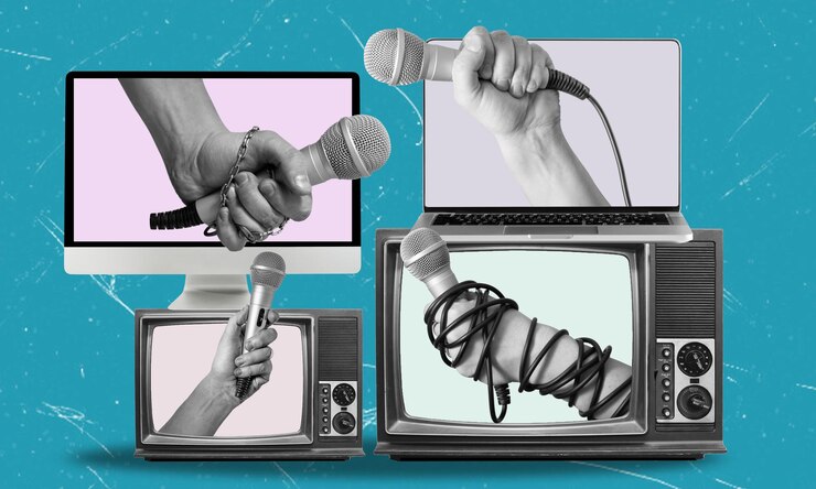 Photo modern art collage lots of retro tvs with a hand and microphone sticking out of it