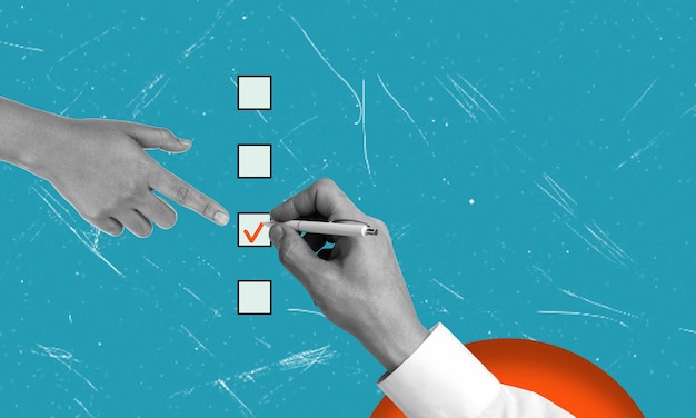 Modern art collage showing a hand filling out a checklist of controlled tasks the hand indicates where to check off