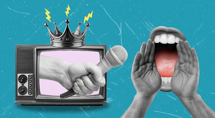 Photo modern art collage showing a hand with a microphone from a tv set with a crown interviewing a big mouth