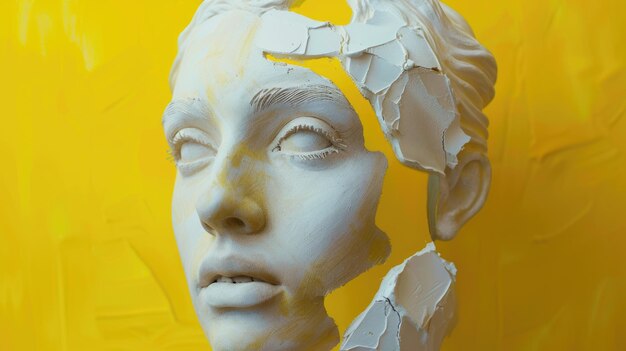 Modern art collage with plaster head statue and portrait on yellow background