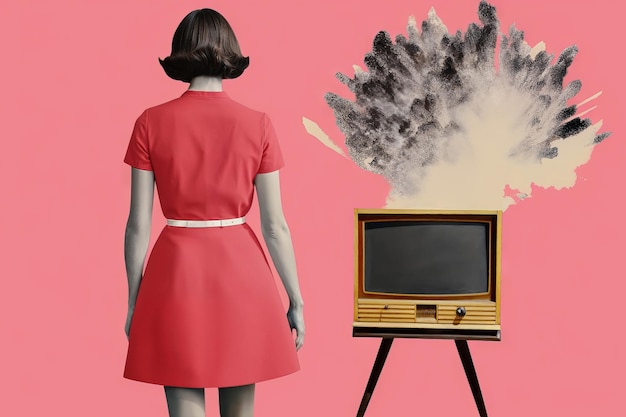 Photo modern art collage of woman facing exploding tv