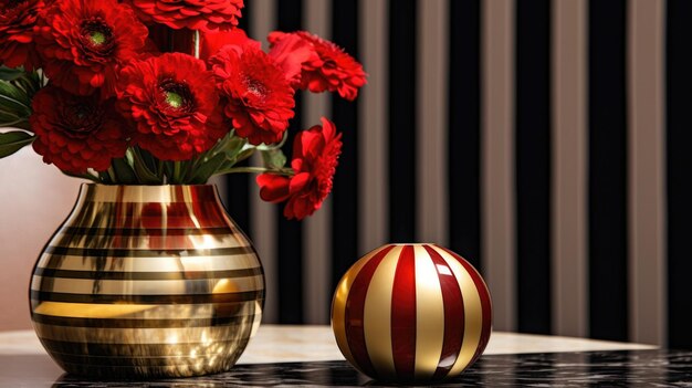 Modern art deco style dining room interior with gold striped vase and red flowers Space for text