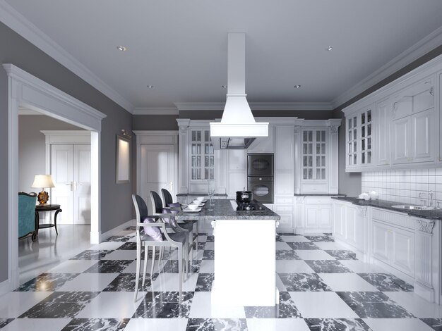 Modern art deco style kitchen with trendy black and white furniture and a chess marble floor