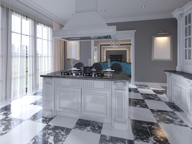 Modern art deco style kitchen with trendy black and white furniture and a chess marble floor