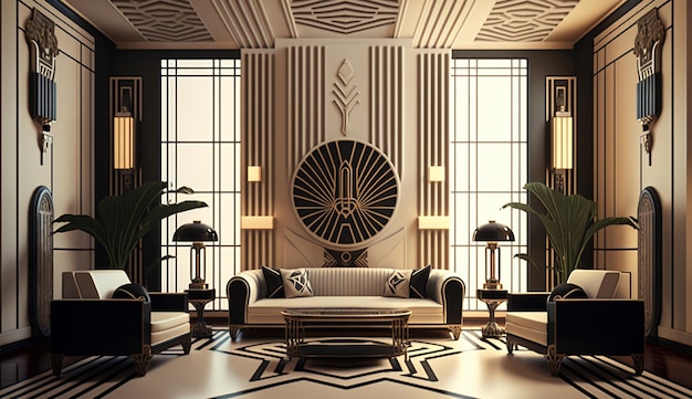 Modern art deco style living room interior design AI Generated image