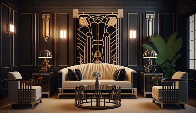 Modern art deco style living room interior design AI Generated image