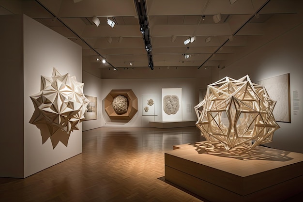 A modern art gallery featuring kinetic and interactive geometric artworks created with generative ai