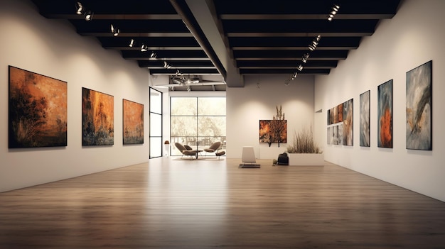 Modern art gallery interior with paintings on the wall