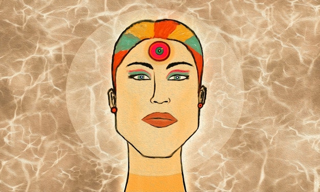 Modern art of  girl  with third eye and colorful hair charactor