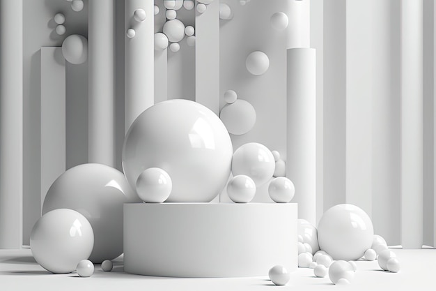 Modern art installation with white spheres and poles in a minimalist room Generative AI