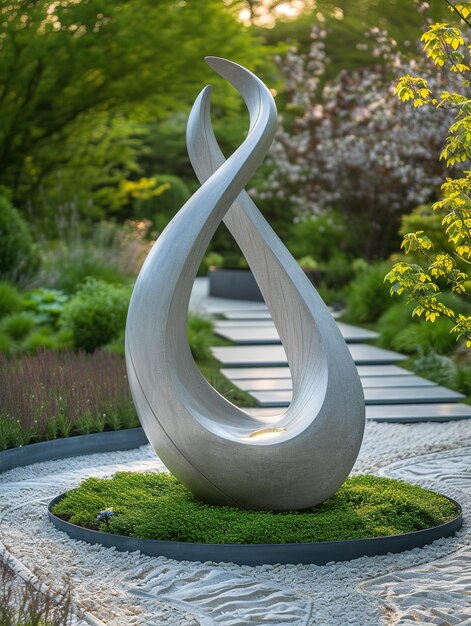 Modern art piece smooth flowing curves evoking movement situated in peaceful garden